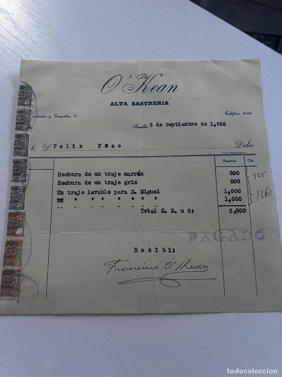 Facturas antiguas: FACTURA. SEVILLA, 1956. O&rsquo;KEAN. ALTA SASTRER&Iacute;A.