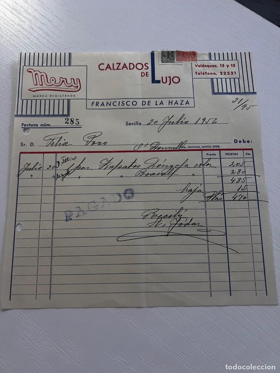 Facturas antiguas: FACTURA. SEVILLA, 1956. MERY. CALZADOS DE LUJO. FRANCISCO DE LA HAZA.