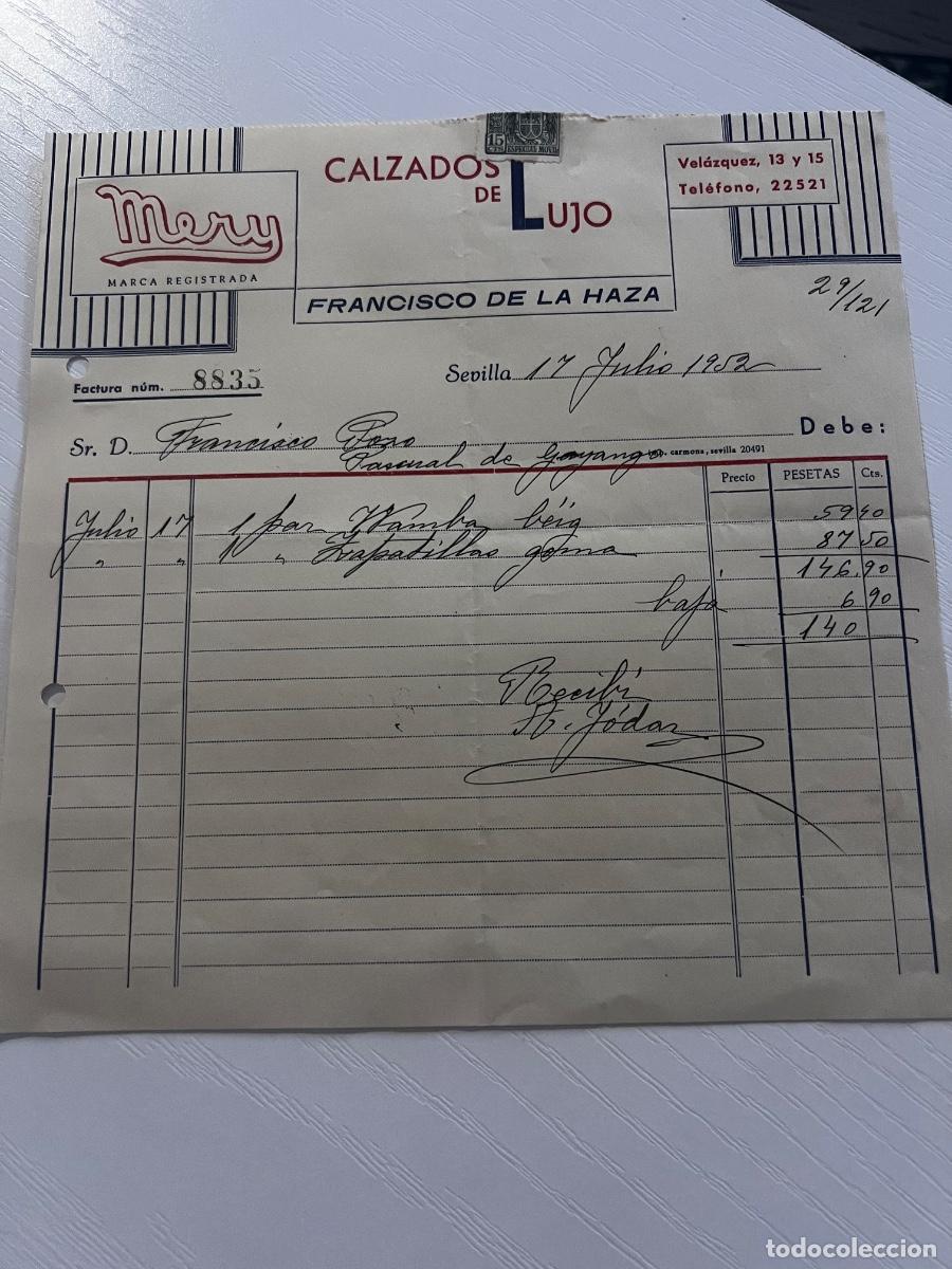 Facturas antiguas: FACTURA. SEVILLA, 1952. MERY. CALZADOS DE LUJO. FRANCISCO DE LA HAZA.