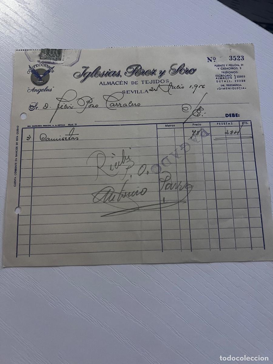 Facturas antiguas: FACTURA. SEVILLA, 1956. IGLESIAS. P&Eacute;REZ Y SORO. ALMAC&Eacute;N DE TEJIDOS.