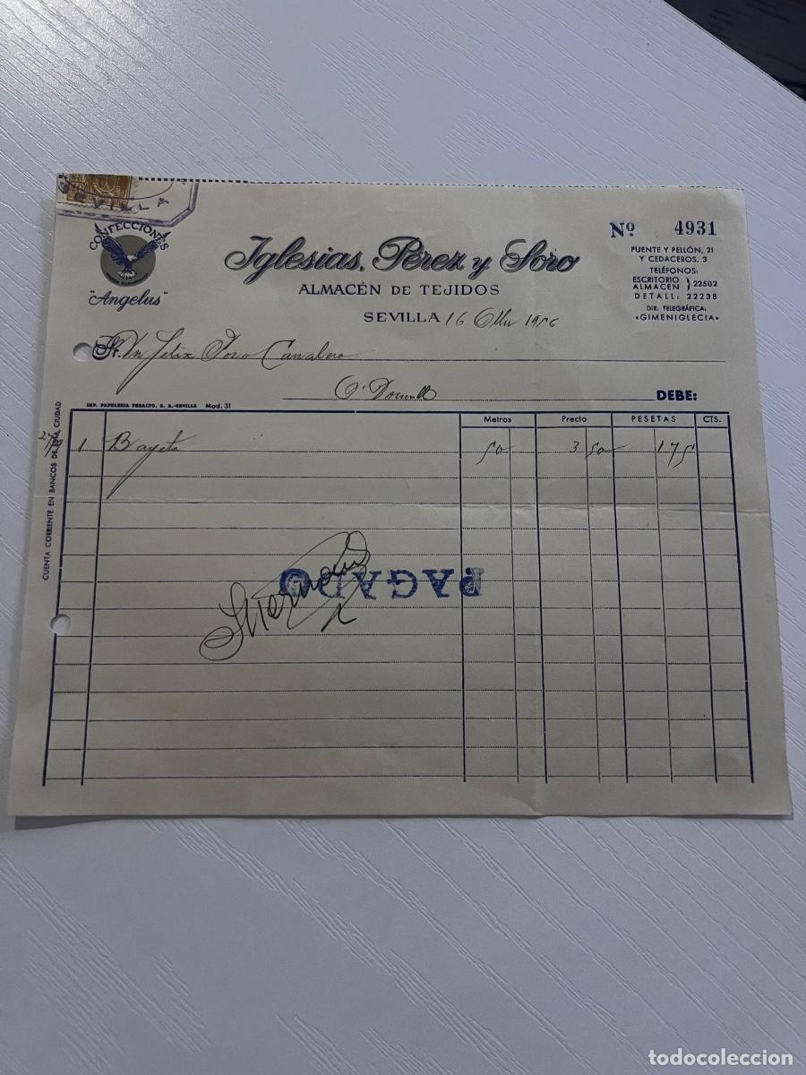 Facturas antiguas: FACTURA. SEVILLA, 1956. IGLESIAS. P&Eacute;REZ Y SORO. ALMAC&Eacute;N DE TEJIDOS.