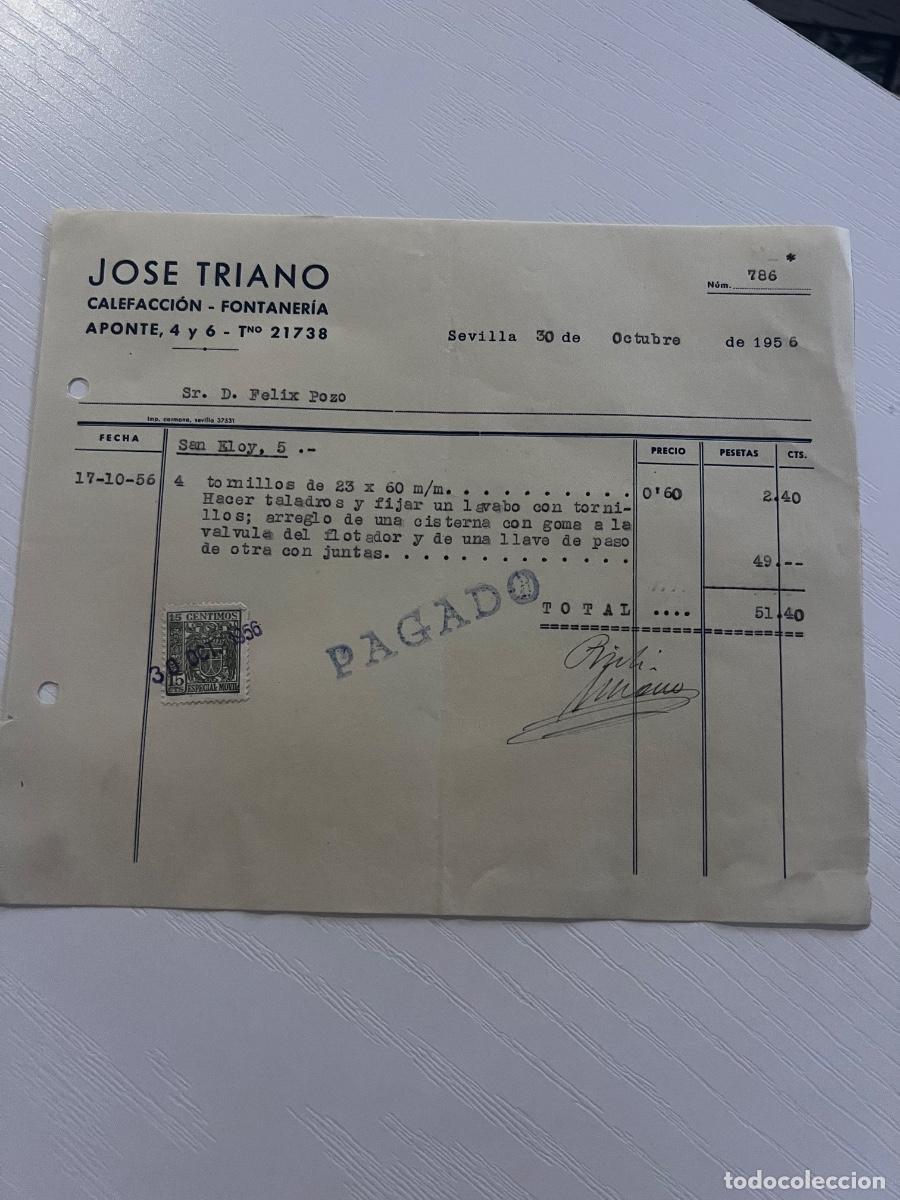 Facturas antiguas: FACTURA. SEVILLA, 1956. JOSE TRIANO. CALEFACCI&Oacute;N-FONTANER&Iacute;A.