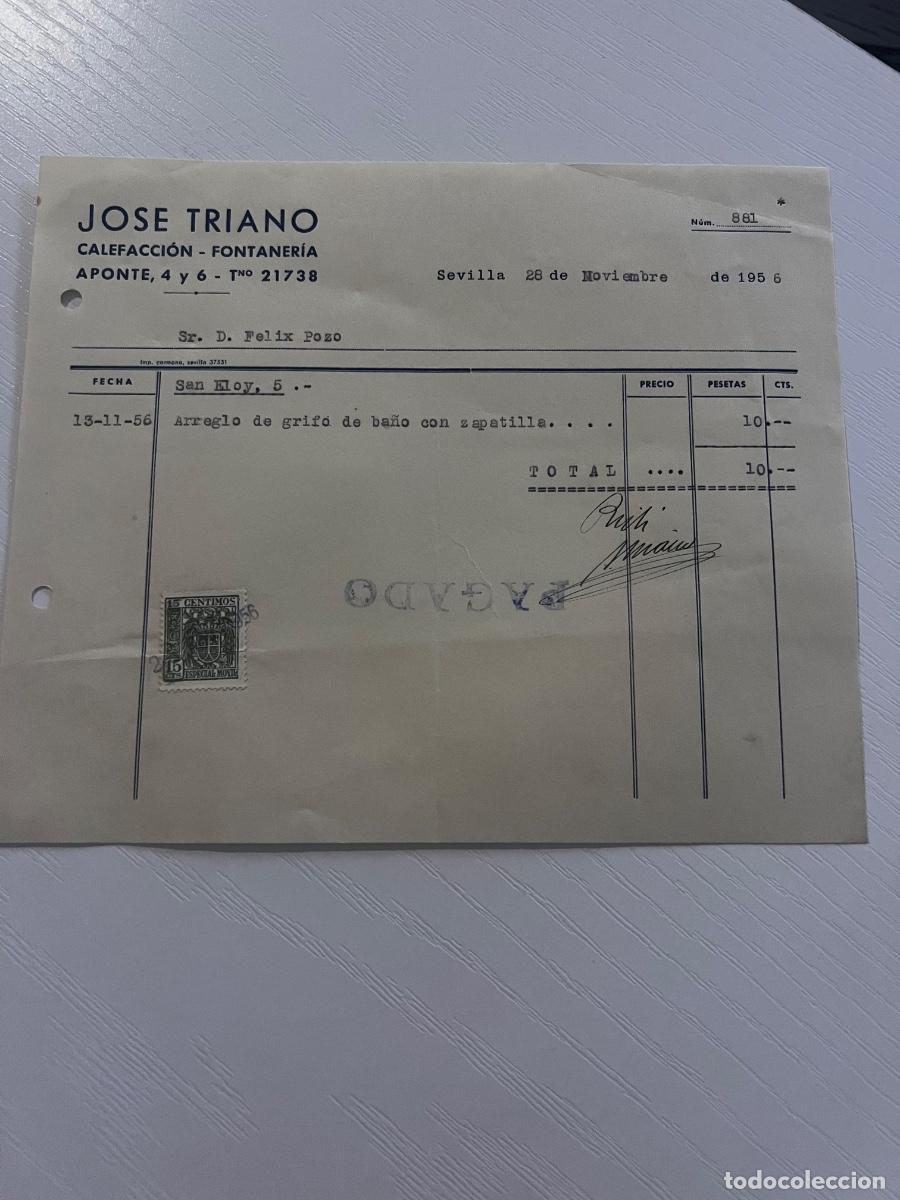 Facturas antiguas: FACTURA. SEVILLA, 1956. JOSE TRIANO. CALEFACCI&Oacute;N-FONTANER&Iacute;A.