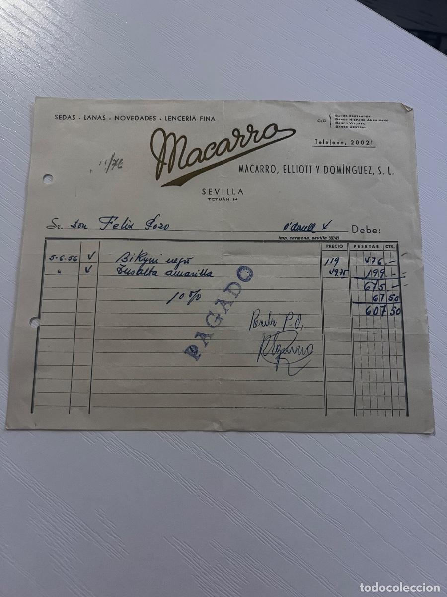 Facturas antiguas: FACTURA. SEVILLA, 1956. MACARRO, ELLIOTT Y DOM&Iacute;NGUEZ, S. L.