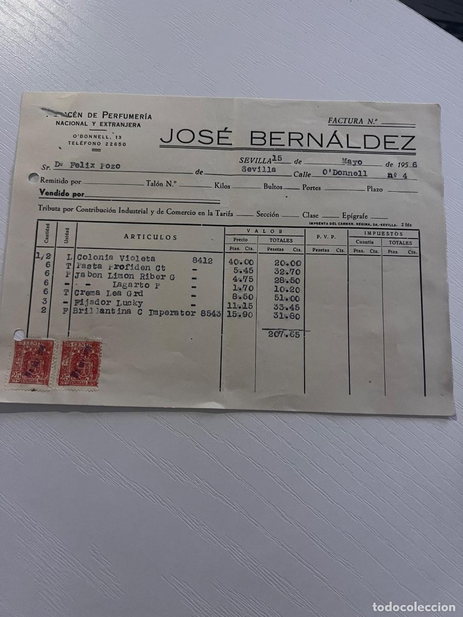 Facturas antiguas: FACTURA. SEVILLA, 1956. JOSE BERN&Aacute;LDEZ. ALMAC&Eacute;N DE PERFUMER&Iacute;A.