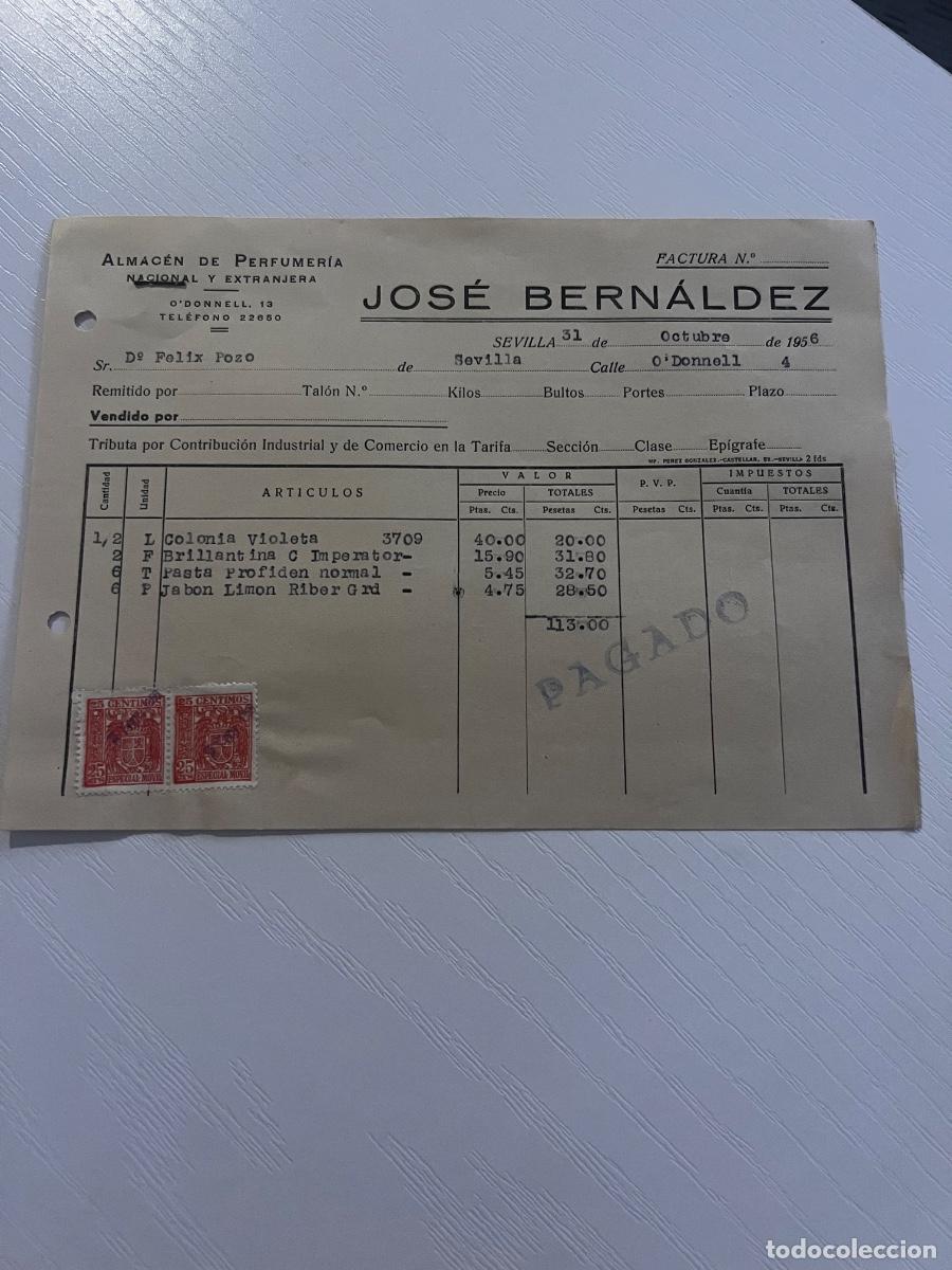 Facturas antiguas: FACTURA. SEVILLA, 1956. JOSE BERN&Aacute;LDEZ. ALMAC&Eacute;N DE PERFUMER&Iacute;A.
