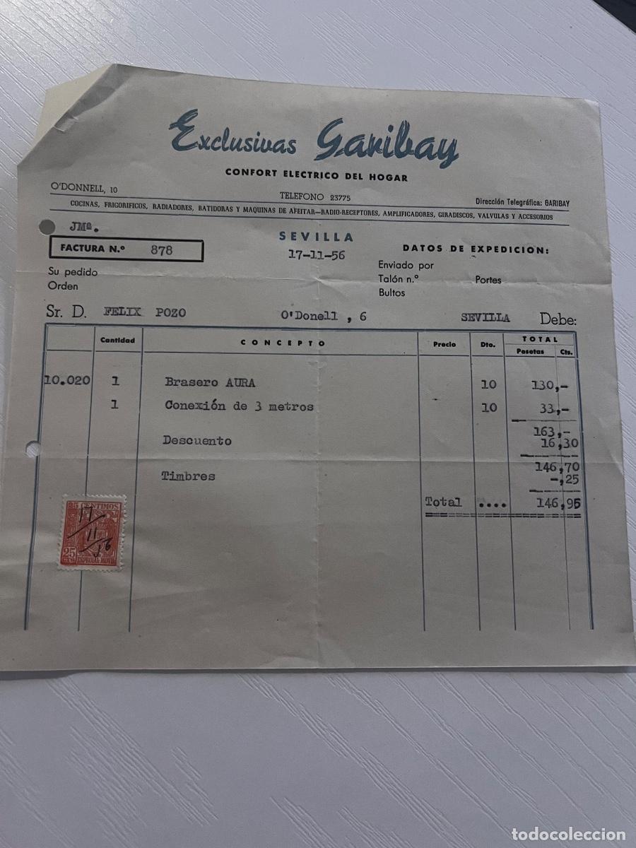 Facturas antiguas: FACTURA. SEVILLA, 1956. EXCLUSIVAS GARIBAY. CONFORT EL&Eacute;CTRICO DEL HOGAR.