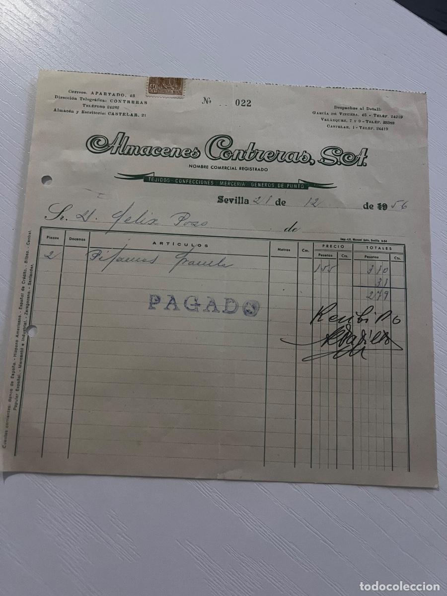 Facturas antiguas: FACTURA. SEVILLA, 1956. ALMACENES CONTRERAS, S.A.