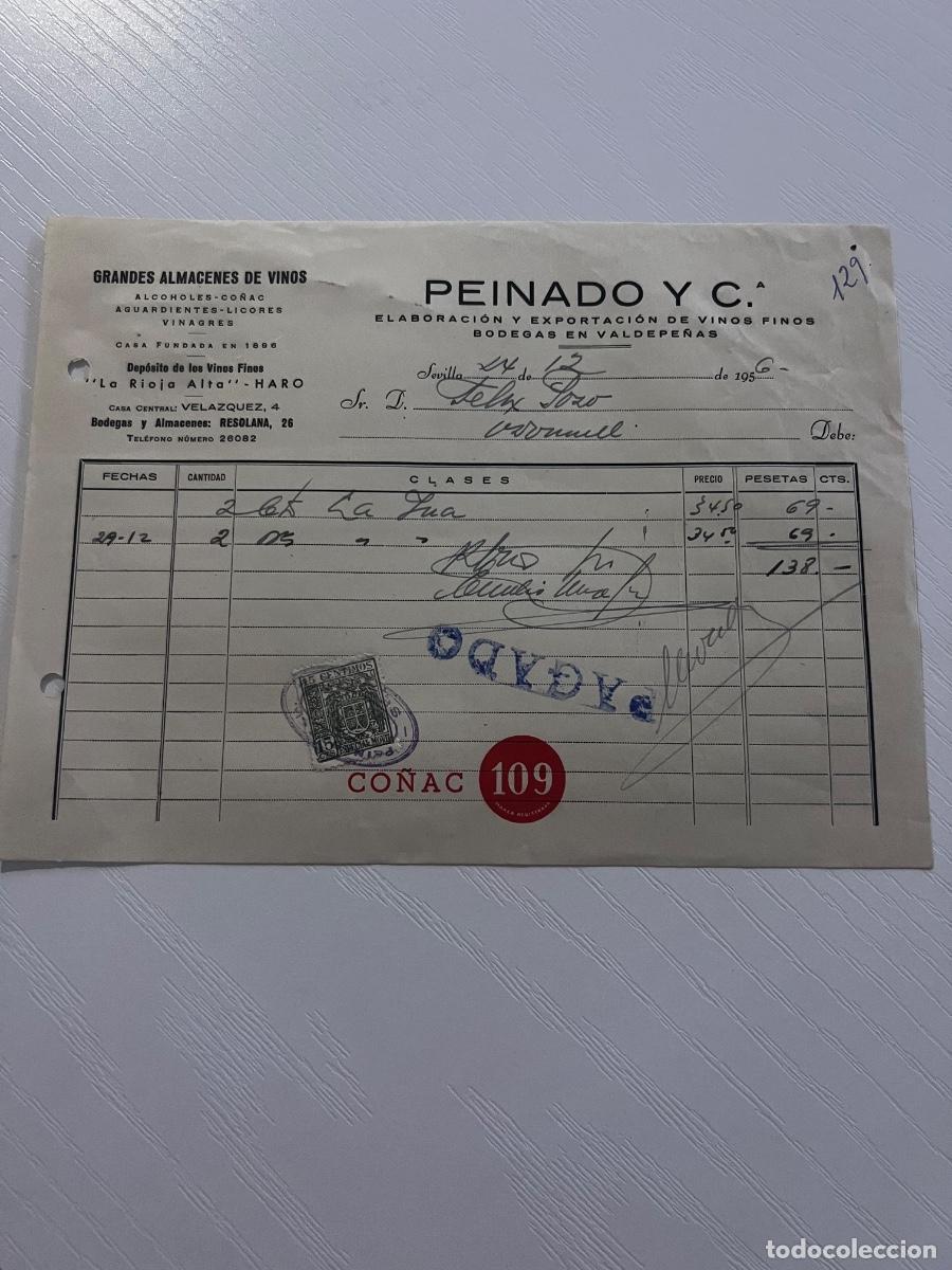 Facturas antiguas: FACTURA. SEVILLA, 1956. PEINADO Y C. &ordf;. ELABORACI&Oacute;N Y EXPORTACI&Oacute;N DE VINOS FINOS.