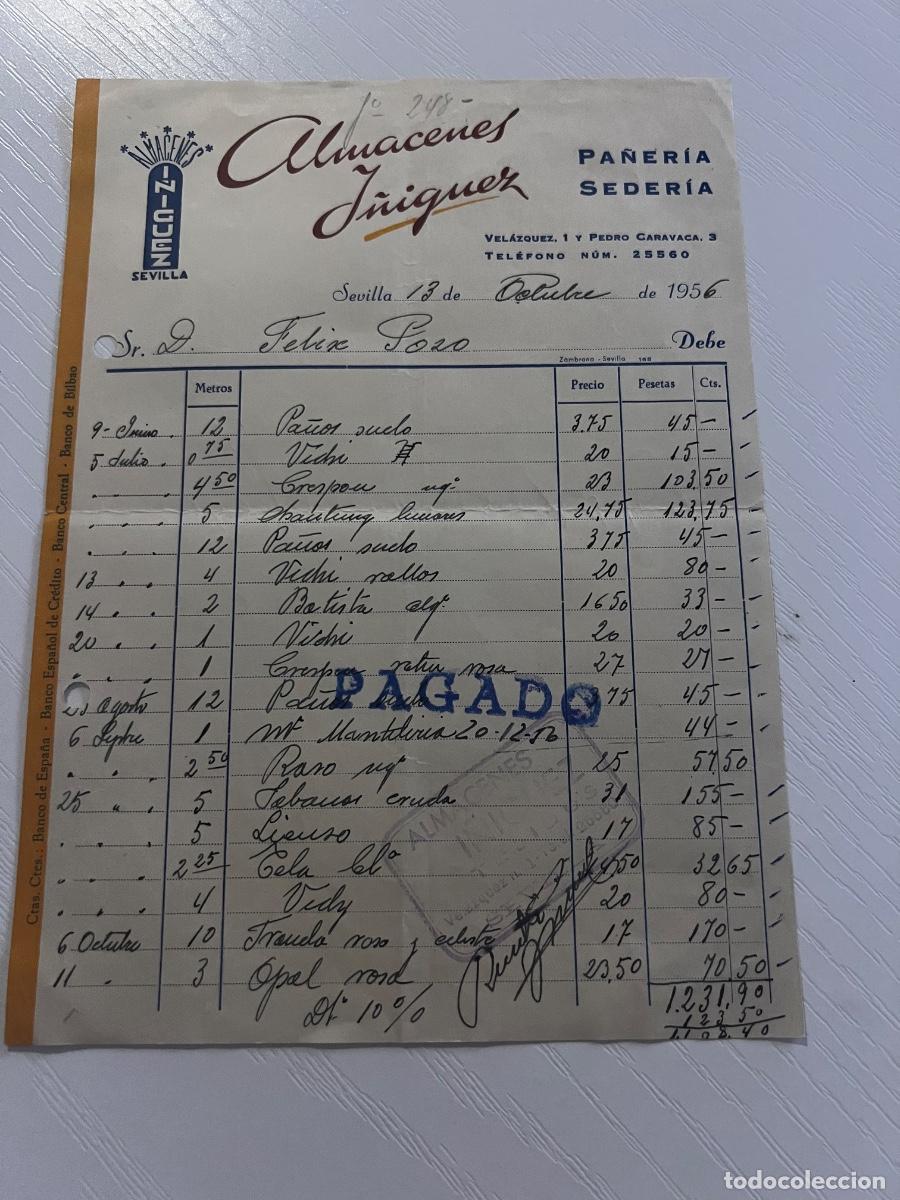 Facturas antiguas: FACTURA. SEVILLA, 1956. ALMACENES I&Ntilde;IQUEZ. PA&Ntilde;ER&Iacute;A, SEDERIA.