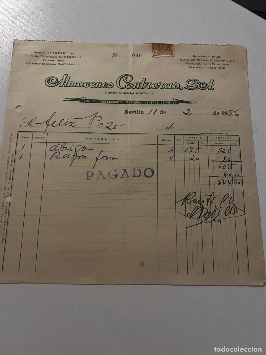 Facturas antiguas: FACTURA. SEVILLA, 1956. ALMACENES CONTRERAS, S.A.