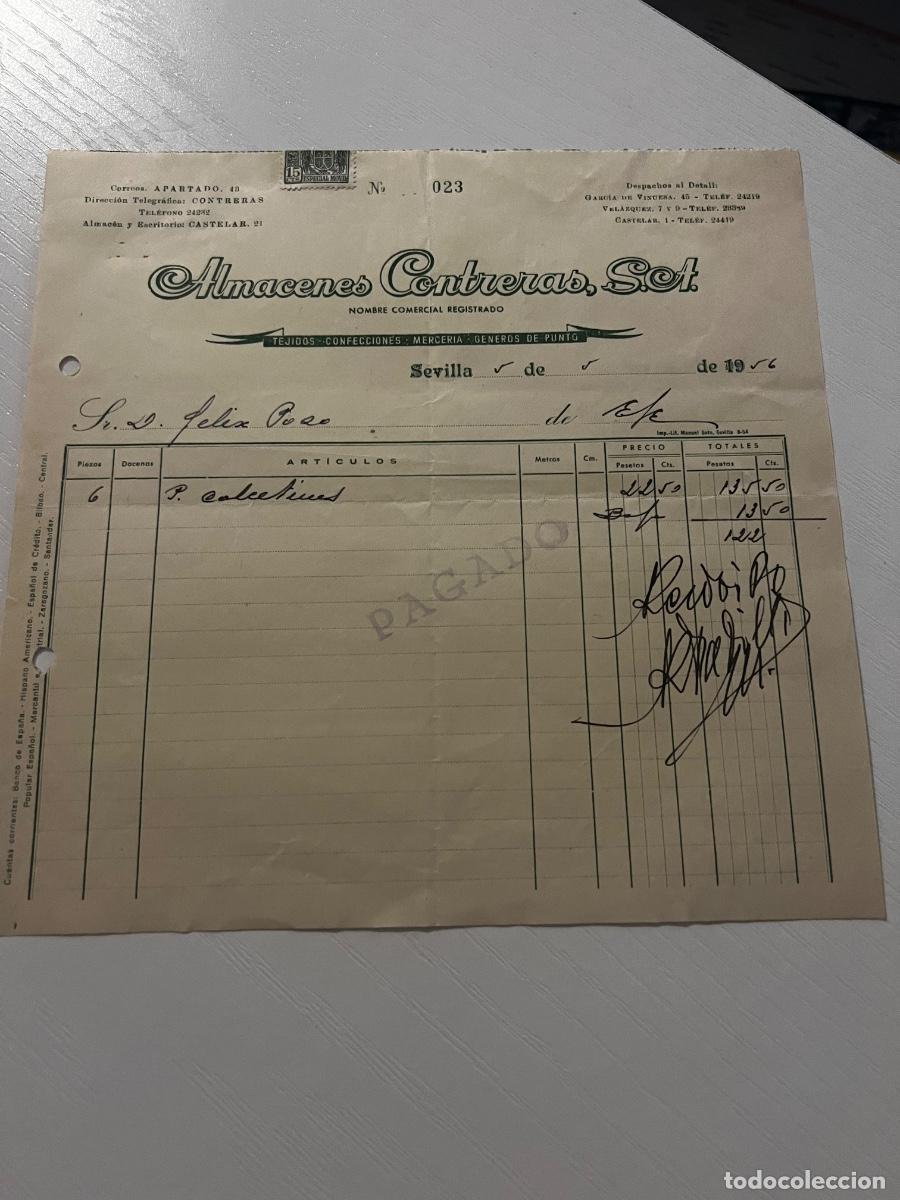 Facturas antiguas: FACTURA. SEVILLA, 1956. ALMACENES CONTRERAS, S.A.