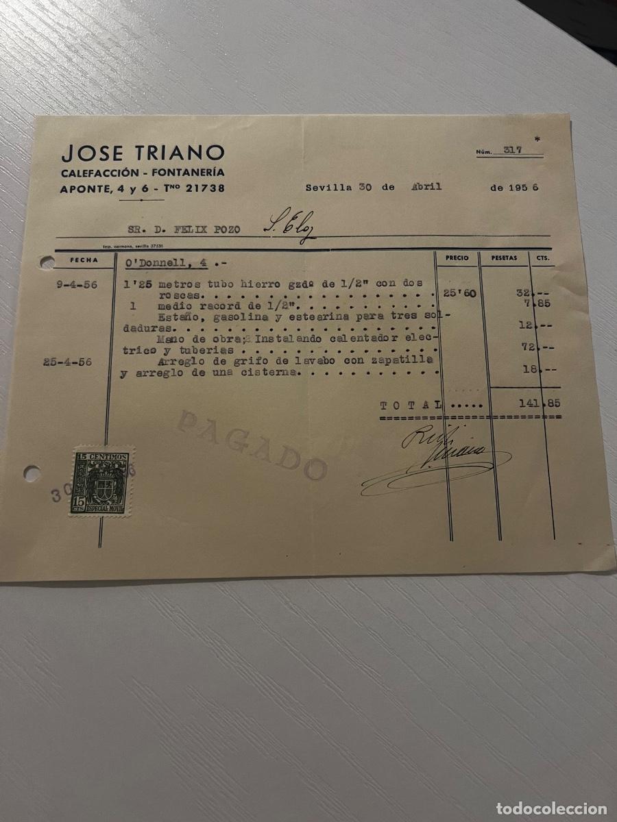 Facturas antiguas: FACTURA. SEVILLA, 1956. JOSE TRIANO. CALEFACCI&Oacute;N-FONTANER&Iacute;A.