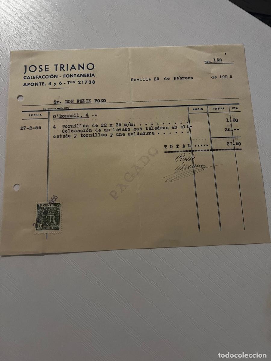 Facturas antiguas: FACTURA. SEVILLA, 1956. JOSE TRIANO. CALEFACCI&Oacute;N-FONTANER&Iacute;A.