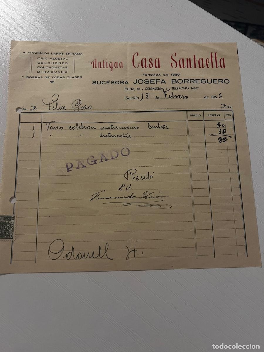 Facturas antiguas: FACTURA. SEVILLA, 1956. ANTIGUA CASA SANTAELLA.