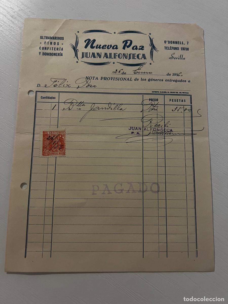 Facturas antiguas: FACTURA. SEVILLA, 1956. NUEVA PAZ. JUAN ALFONSECA.