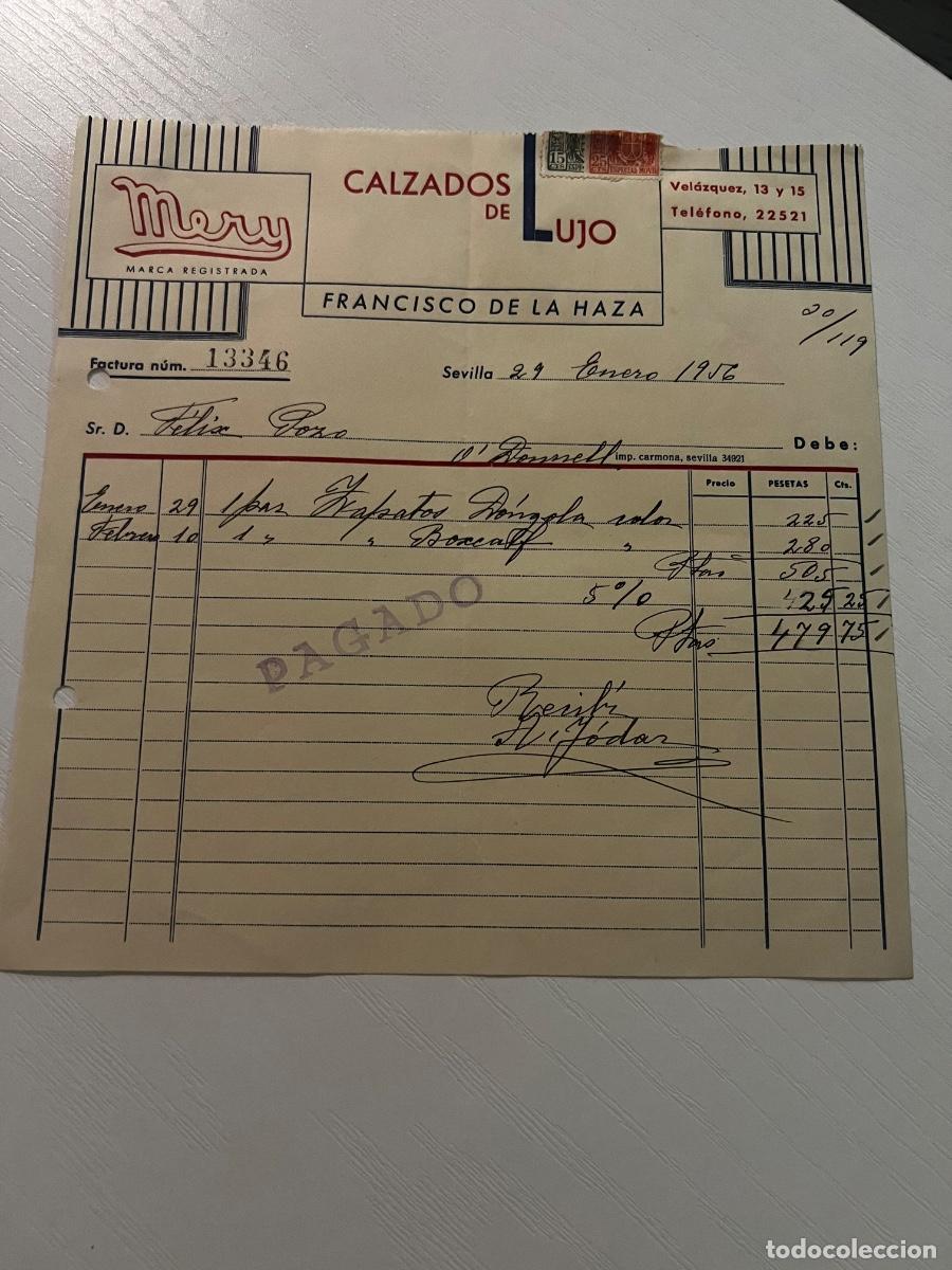 Facturas antiguas: FACTURA. SEVILLA, 1956. MERY. CALZADOS DE LUJO. FRANCISCO DE LA HAZA.