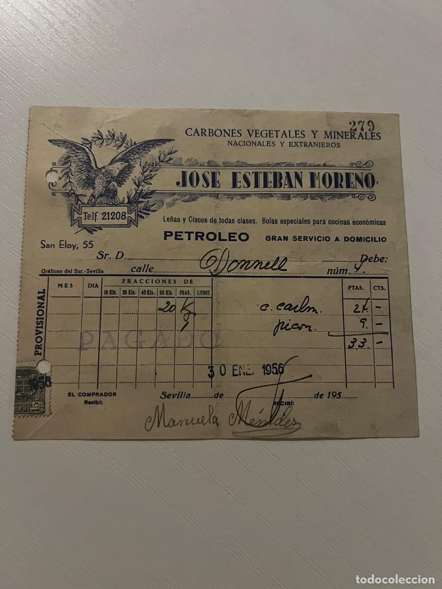 Facturas antiguas: FACTURA. SEVILLA, 1956. JOSE ESTEBAN MORENO. CARBONES VEGETALES Y MINERALES.