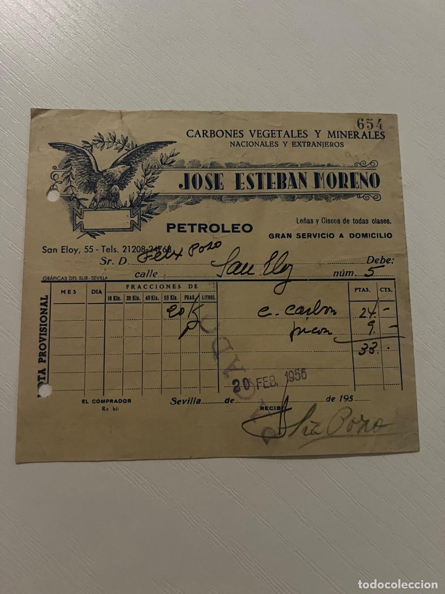 Facturas antiguas: FACTURA. SEVILLA, 1956. JOSE ESTEBAN MORENO. CARBONES VEGETALES Y MINERALES.
