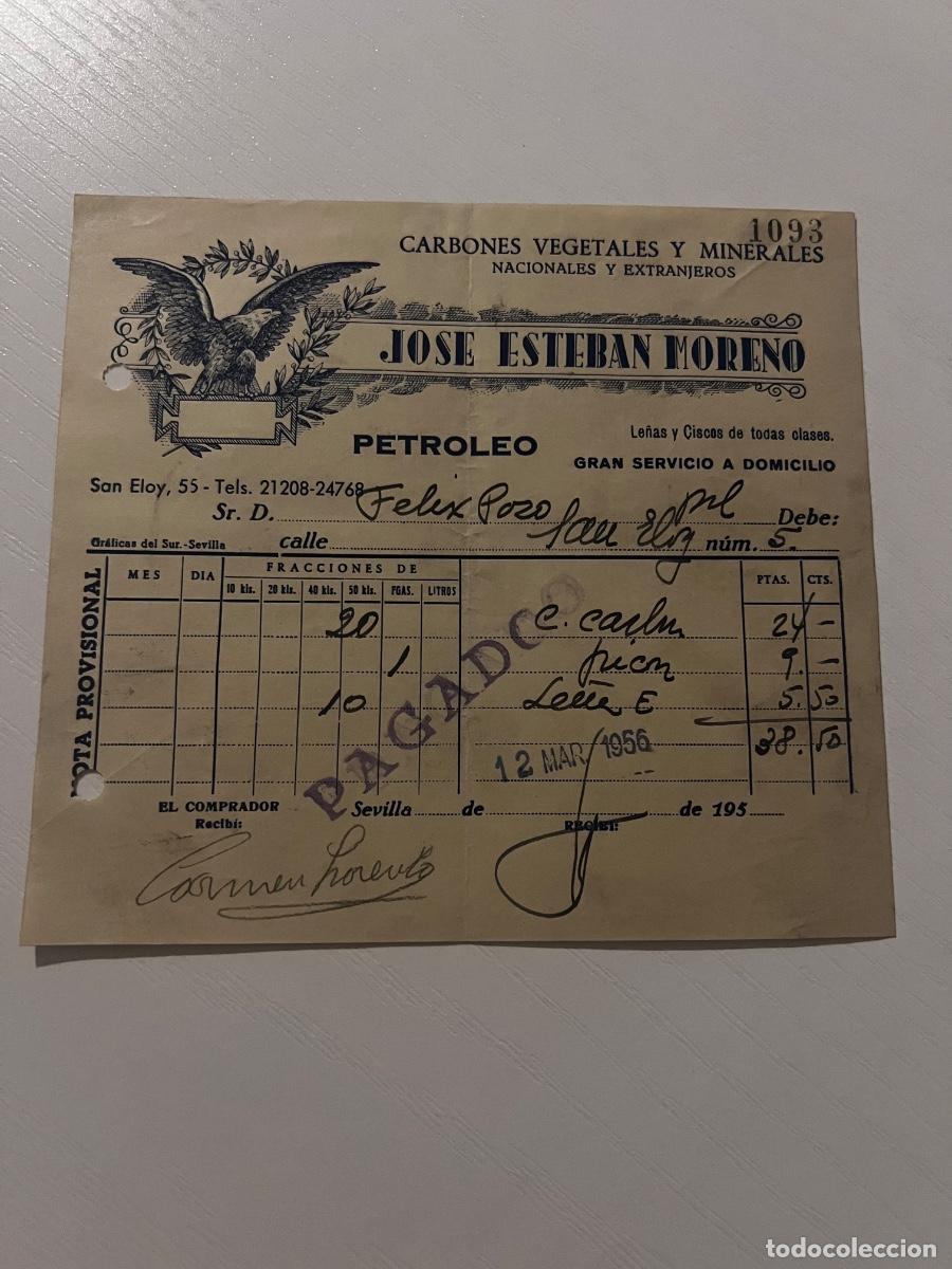 Facturas antiguas: FACTURA. SEVILLA, 1956. JOSE ESTEBAN MORENO. CARBONES VEGETALES Y MINERALES.