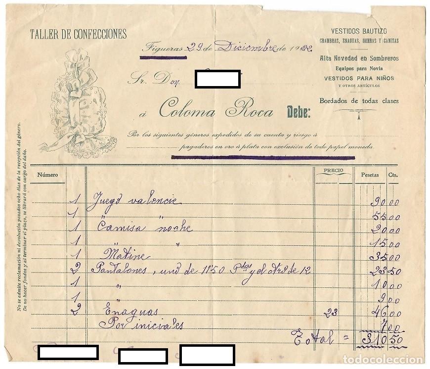 Old Invoices: Factura antigua Figueras 1922 / Coloma Roca - Taller de Confecciones ( Vestidos Bautizo , Sombreros,