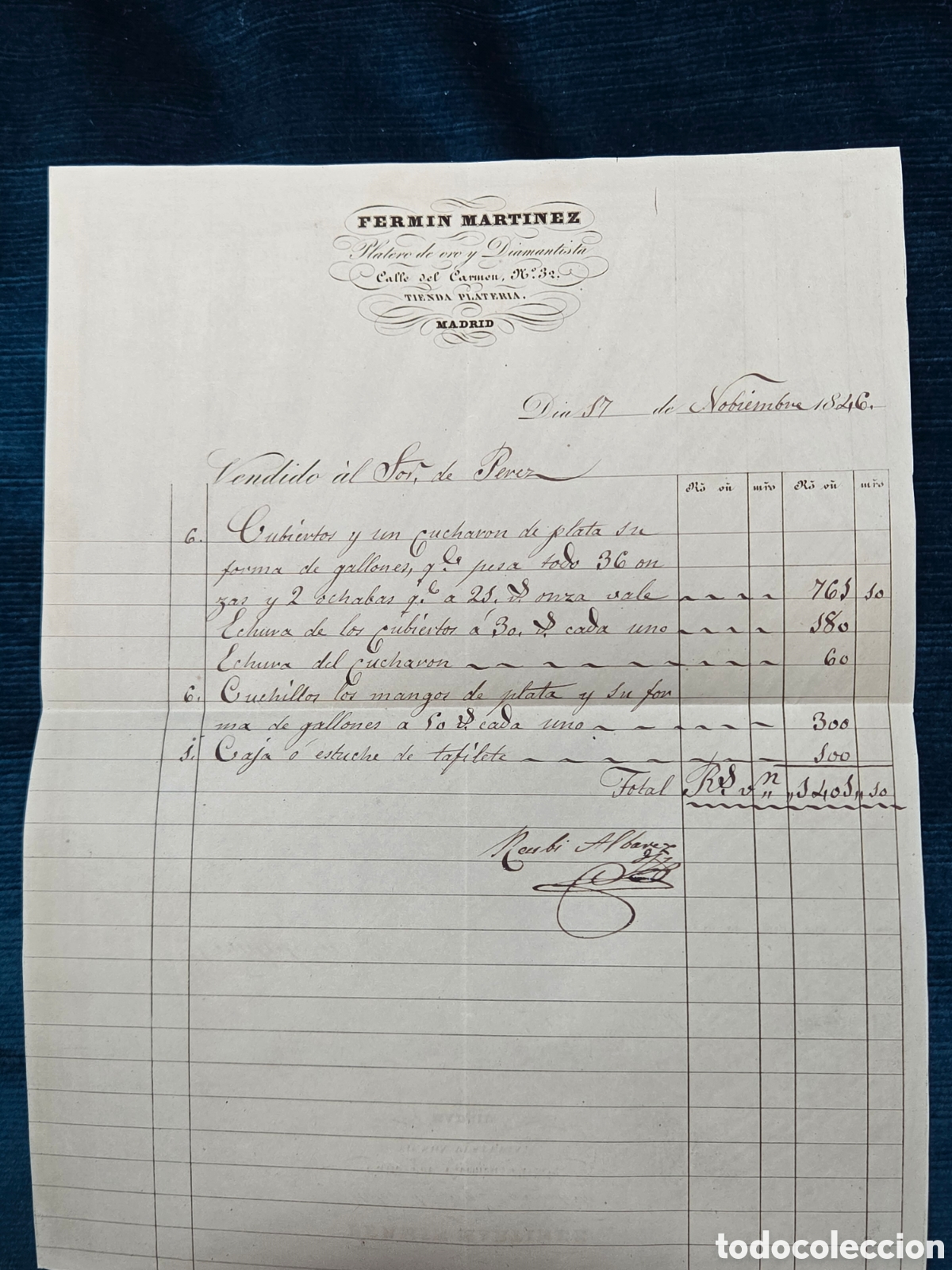 Factures anciennes: Madrid 1846 FACTURA DE PLATER&Iacute;A FERM&Iacute;N MART&Iacute;NEZ