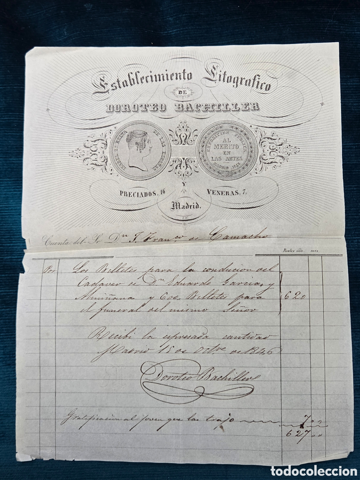 Fatture antiche: Madrid 1846 FACTURA DE ESTABLECIMIENTO LITOGR&Aacute;FICO de DOROTEO BACHILLER
