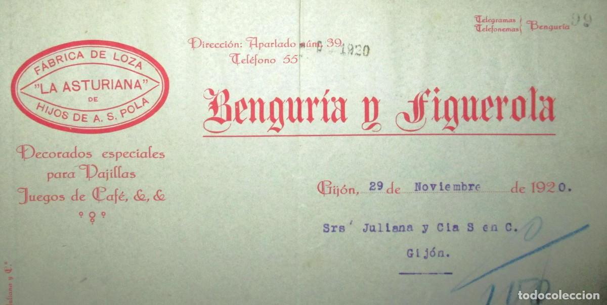 Faturas antigas: F&Aacute;BRICA DE LOZA LA ASTURIANA. BENGUR&Iacute;A Y FIGUEROLA. DOCUMENTO DE D&Eacute;BITO DE 1920.
