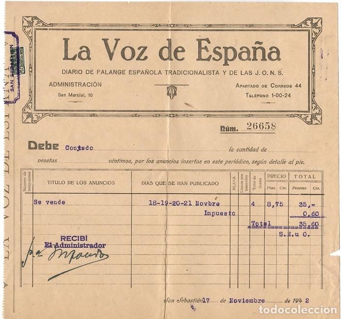 Factures anciennes: Factura por anuncio 1942 San Sebasti&aacute;n / La Voz de Espa&ntilde;a - Diario de Falange Espa&ntilde;ola Tradiciona..