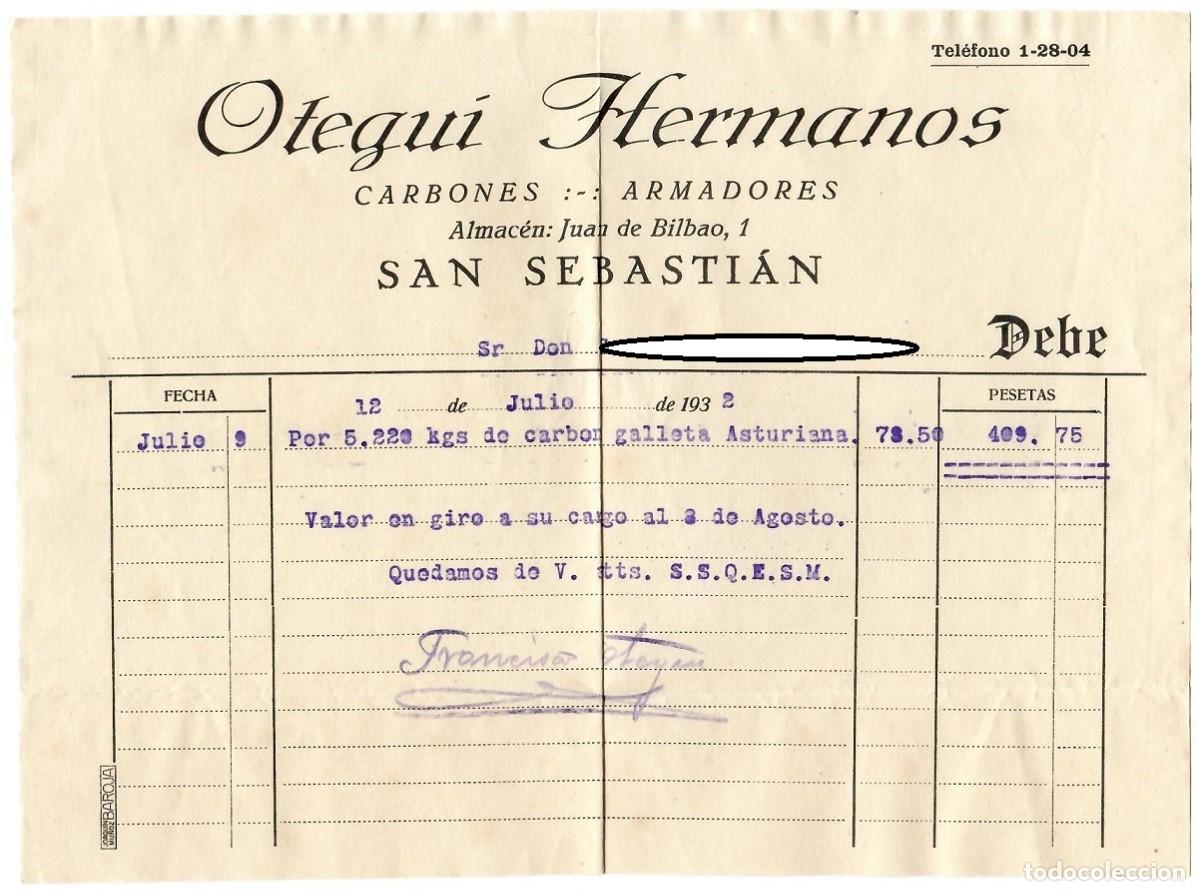 Faturas antigas: Factura 1932 de carb&oacute;n galleta asturiana / Otegui Hermanos &middot; Carbones Armadores - San Sebasti&aacute;n