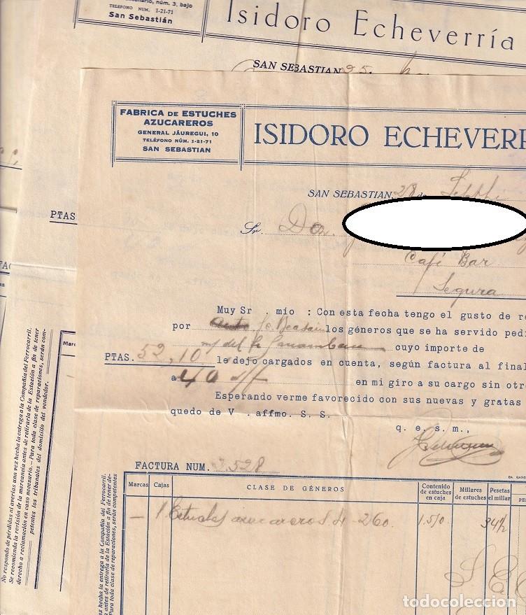 Old Invoices: Conjunto de 3 facturas a&ntilde;os 30 - San Sebasti&aacute;n / Isidoro Echeverr&iacute;a - F&aacute;brica de estuches azucarero
