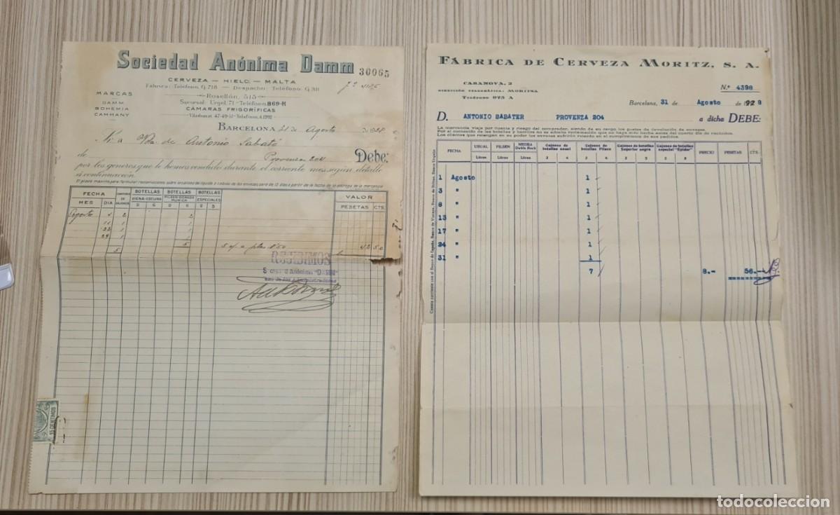 Facturas antiguas: Lote de 2 facturas de 1928. Fabrica de cerveza Moritz y Sociedad Anonima DAMM