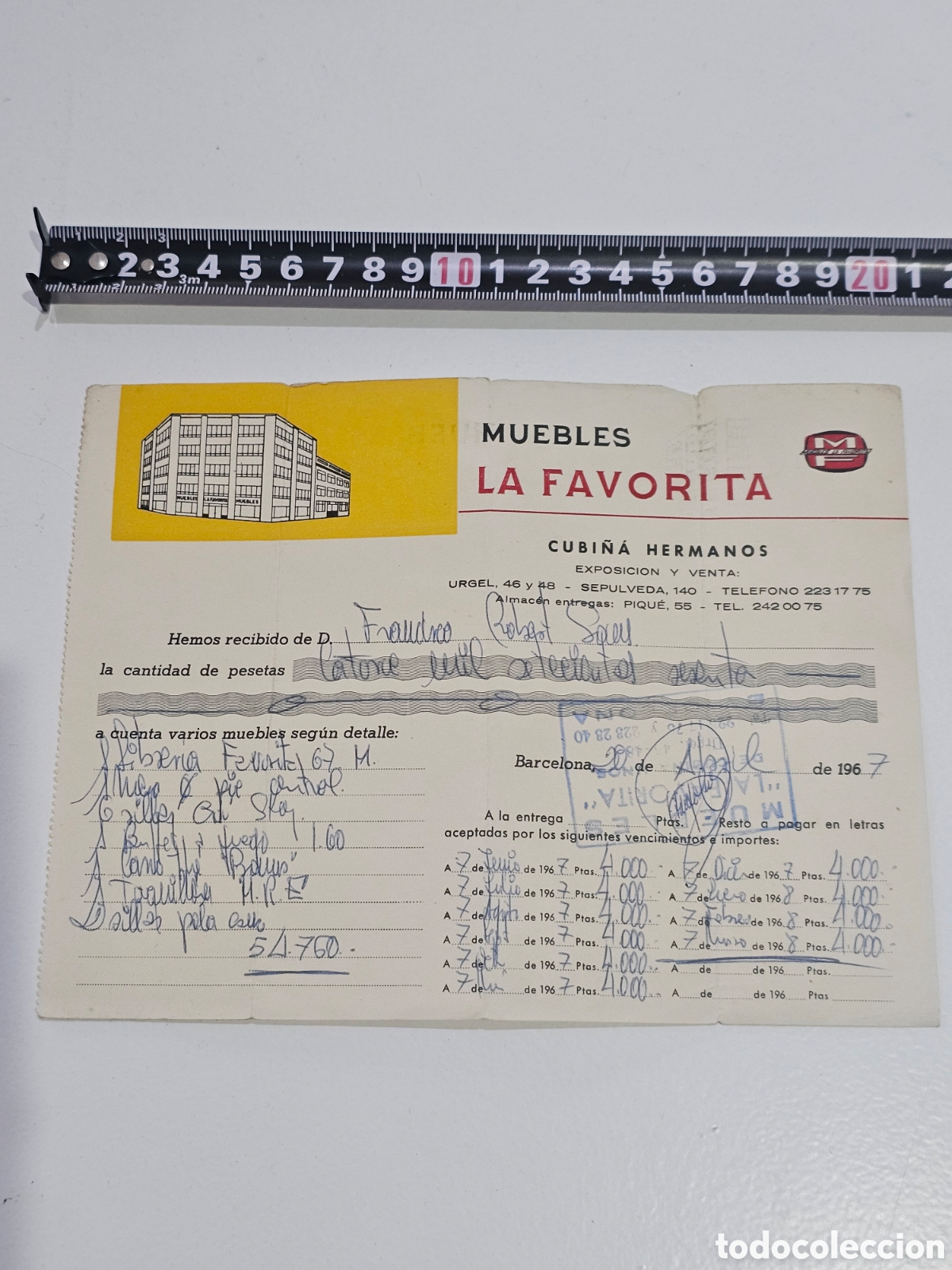 Facturas antiguas: Factura / Recibo Antiguo Muebles &rdquo;La Favorita&rdquo; Cubi&ntilde;&aacute; Hermanos (Barcelona, 1967)