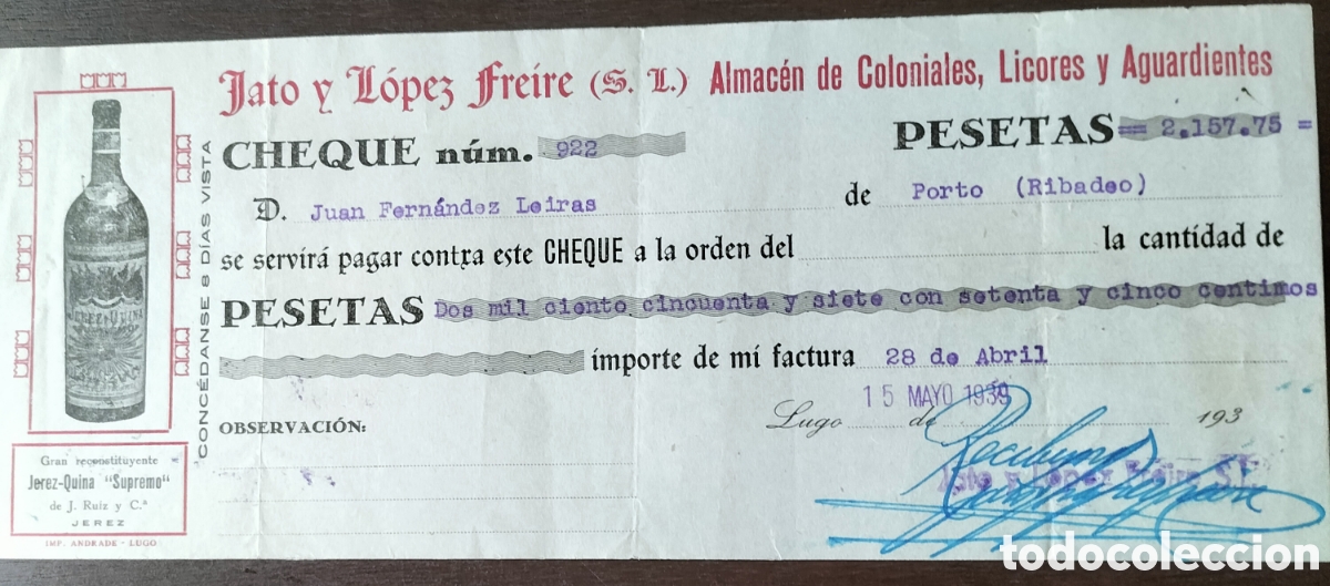 Old Invoices: Lugo. Jato y L&oacute;pez Freire. Almac&eacute;n de Coloniales. 1939.