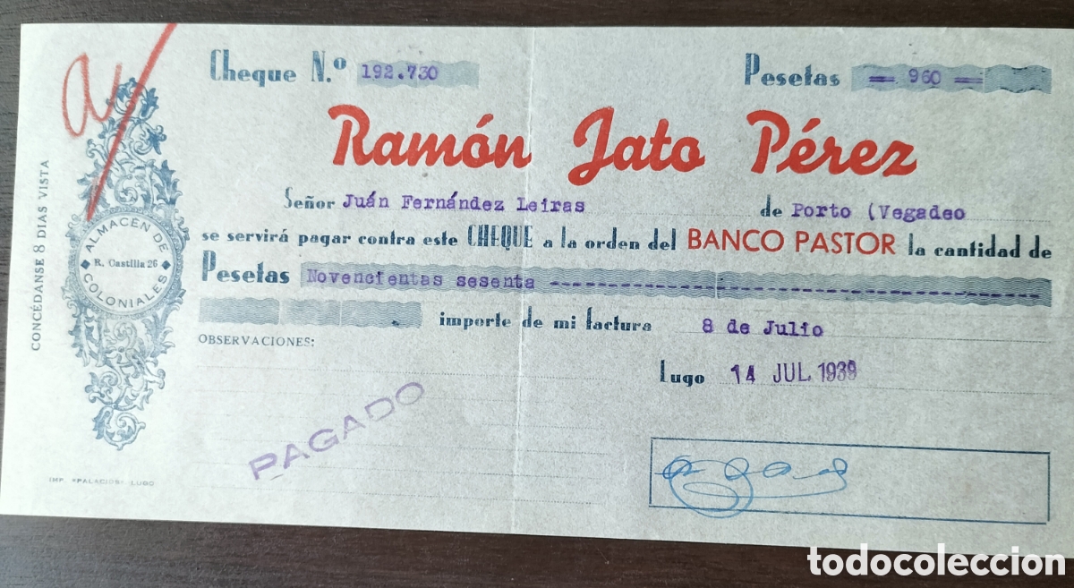 Old Invoices: Ram&oacute;n Jato P&eacute;rez. Lugo 1939.