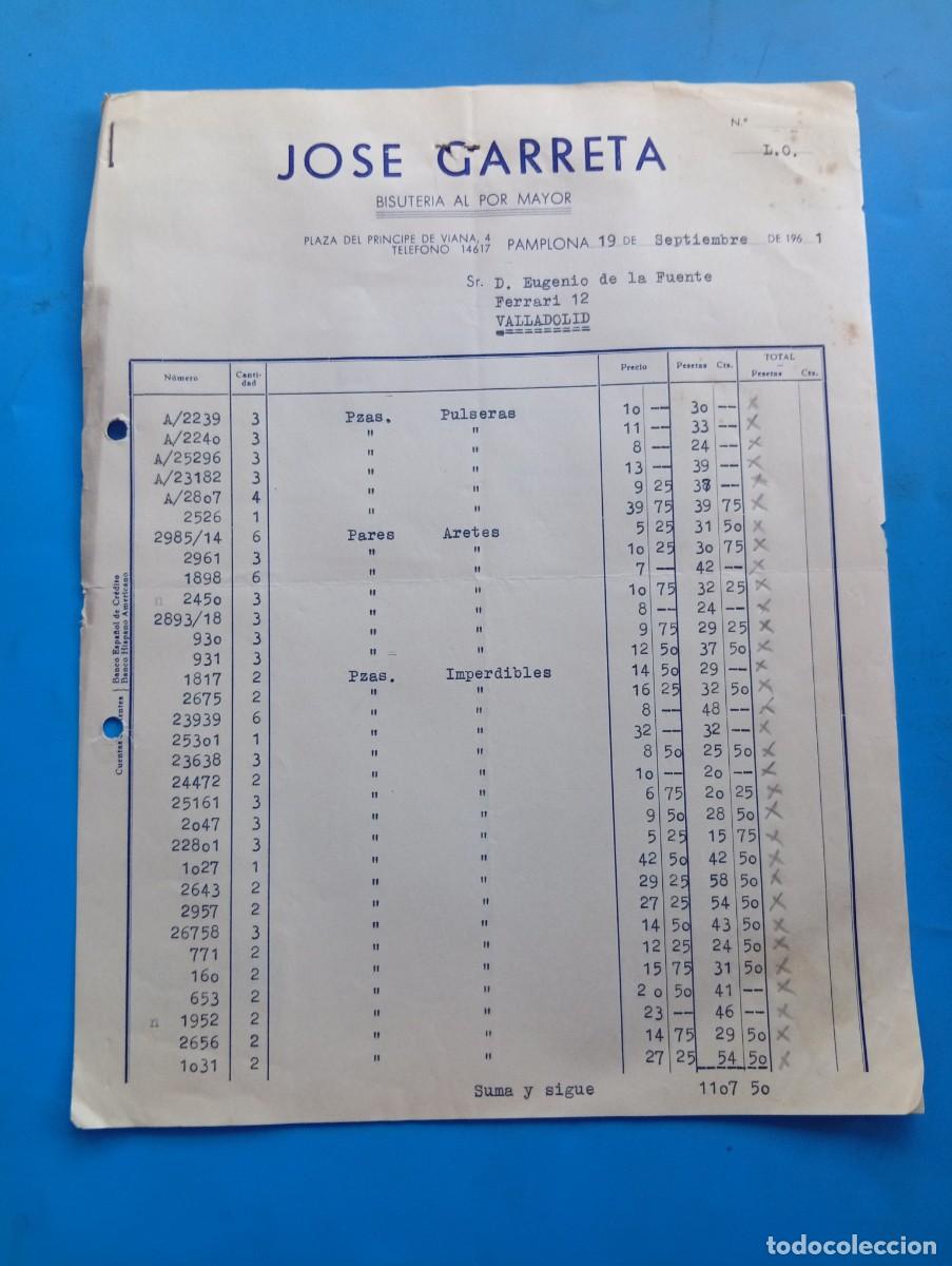 Facturas antiguas: FACTURA. PAMPLONA. 1961. BISUTER&Iacute;A AL POR MAYOR. JOS&Eacute; GARRETA. 2 HOJAS.