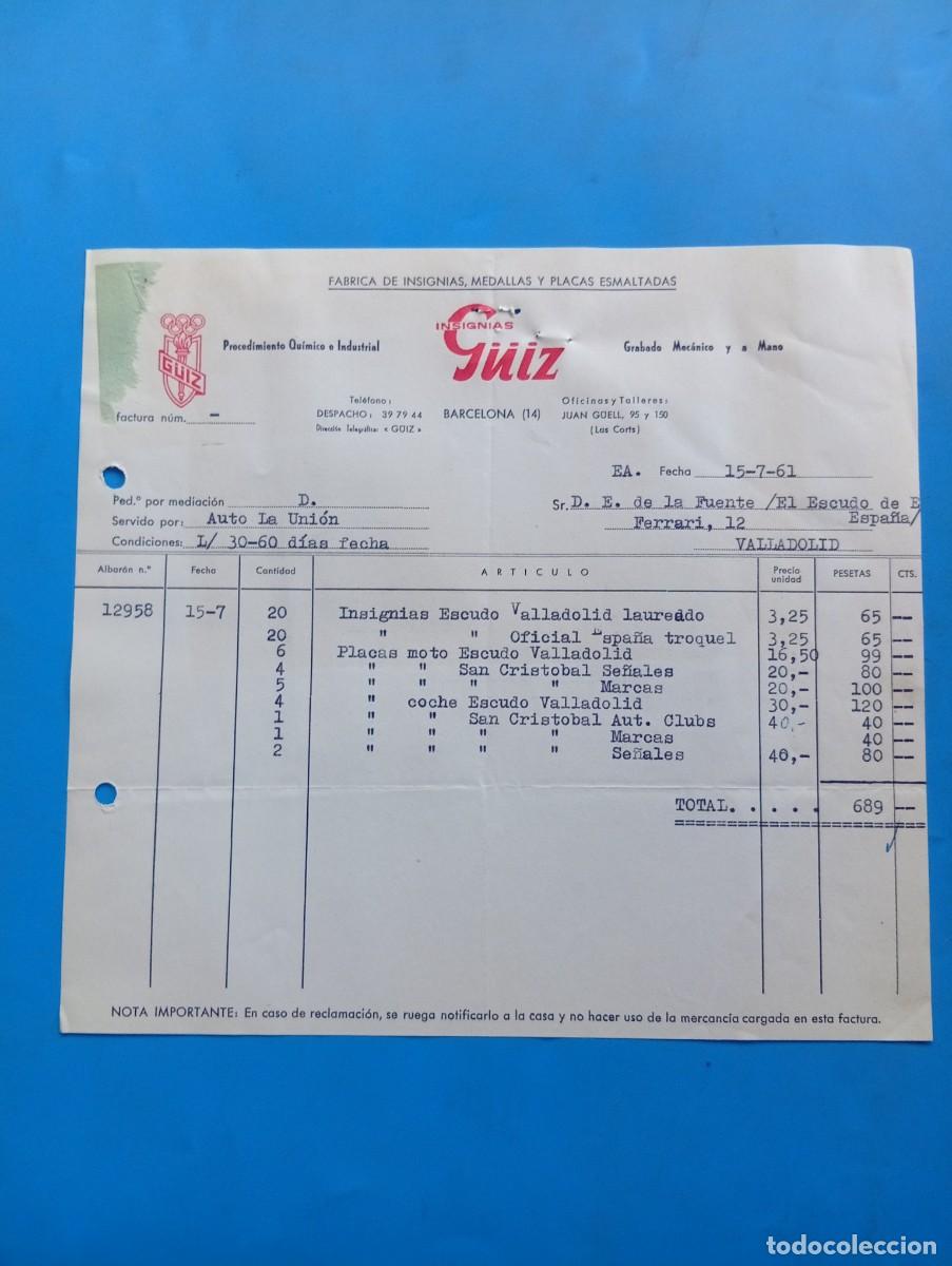 Facturas antiguas: FACTURA. BARCELONA. 1961. ISIGNIAS G&Uuml;IZ. F&Aacute;BRICA DE INSIGNIAS, MEDALLAS Y PLACAS ESMALTADAS.