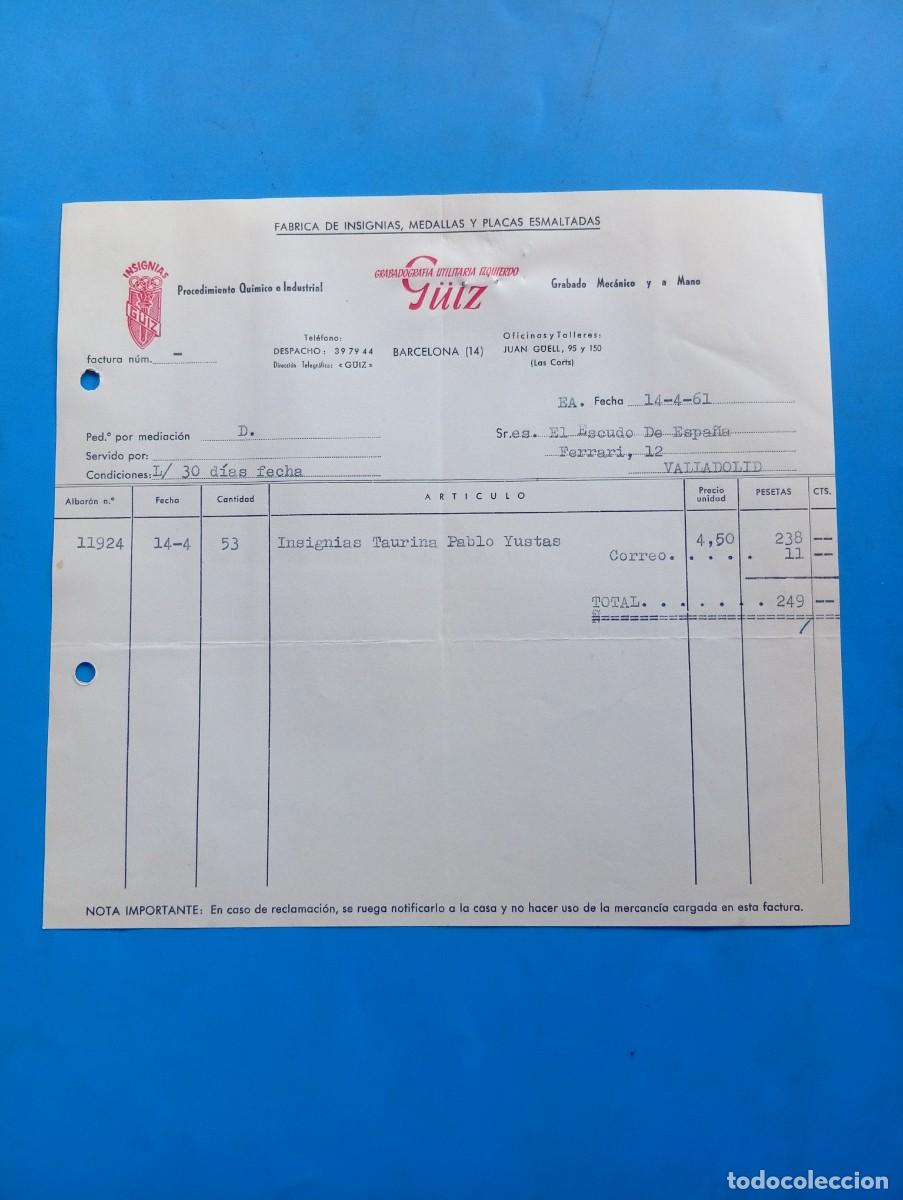 Facturas antiguas: FACTURA. BARCELONA. 1961. ISIGNIAS G&Uuml;IZ. F&Aacute;BRICA DE INSIGNIAS, MEDALLAS Y PLACAS ESMALTADAS.