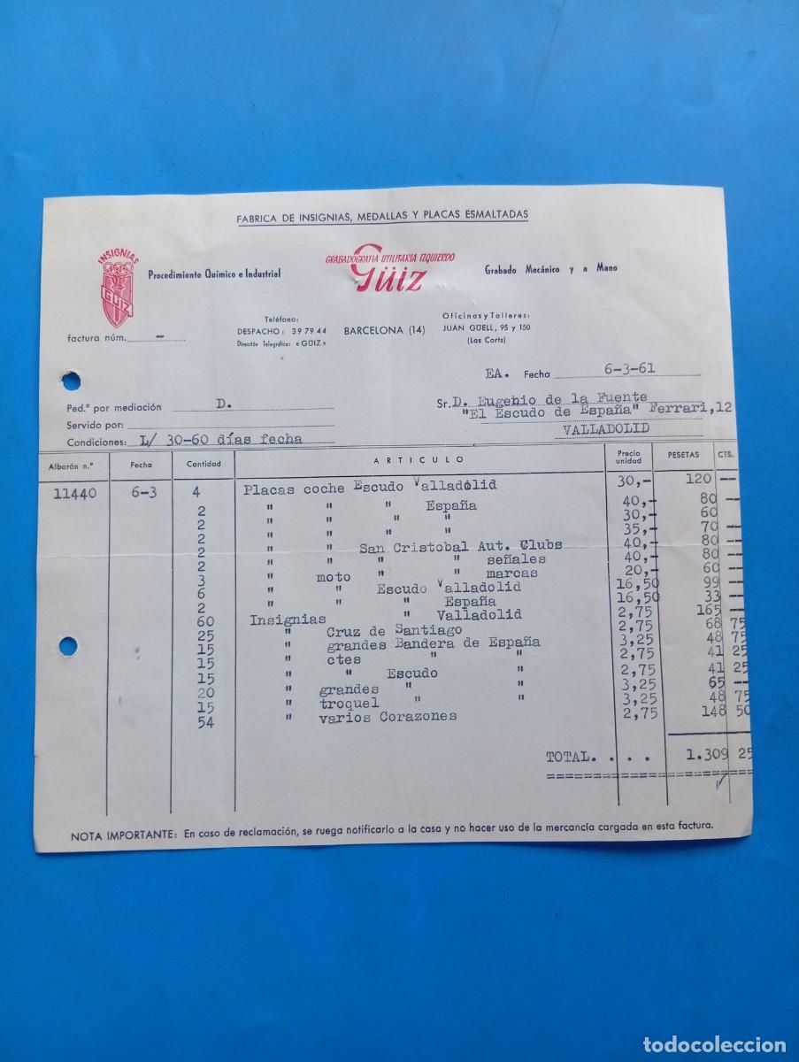 Facturas antiguas: FACTURA. BARCELONA. 1961. ISIGNIAS G&Uuml;IZ. F&Aacute;BRICA DE INSIGNIAS, MEDALLAS Y PLACAS ESMALTADAS.