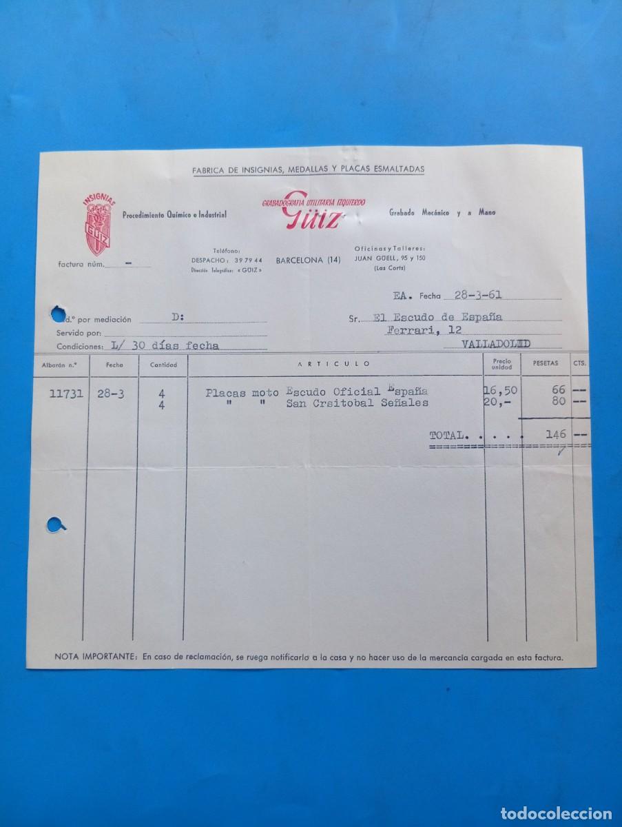 Facturas antiguas: FACTURA. BARCELONA. 1961. ISIGNIAS G&Uuml;IZ. F&Aacute;BRICA DE INSIGNIAS, MEDALLAS Y PLACAS ESMALTADAS.