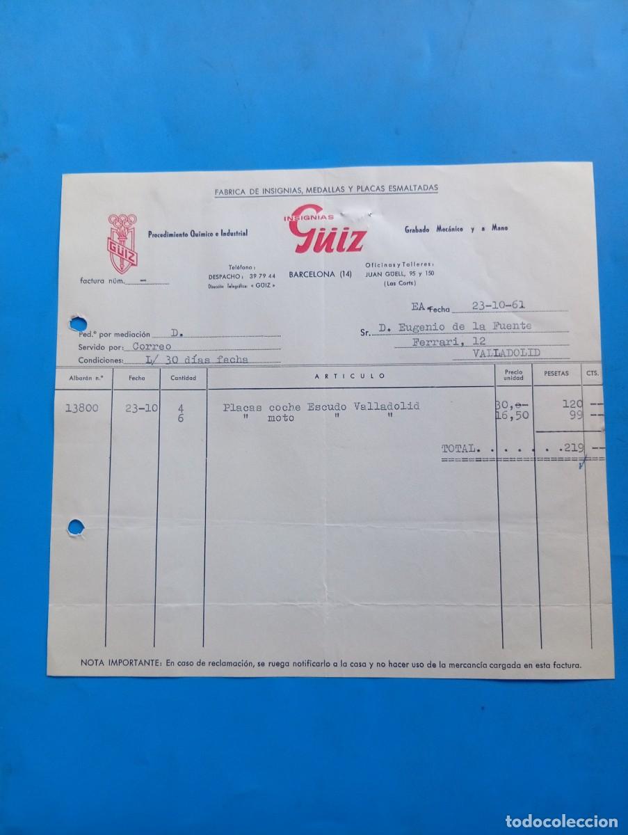 Facturas antiguas: FACTURA. BARCELONA. 1961. ISIGNIAS G&Uuml;IZ. F&Aacute;BRICA DE INSIGNIAS, MEDALLAS Y PLACAS ESMALTADAS.