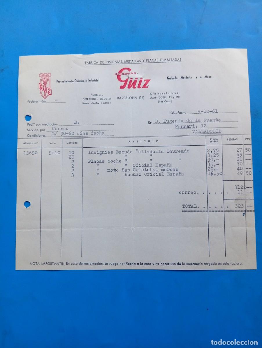 Facturas antiguas: FACTURA. BARCELONA. 1961. ISIGNIAS G&Uuml;IZ. F&Aacute;BRICA DE INSIGNIAS, MEDALLAS Y PLACAS ESMALTADAS.