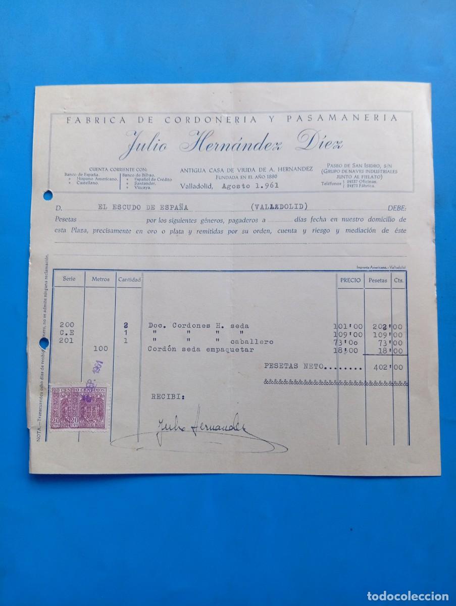 Facturas antiguas: FACTURA. VALLADOLID. 1961. F&Aacute;BRICA DE CORDONER&Iacute;A Y PASAMANER&Iacute;A. JULIO FERN&Aacute;NDEZ D&Iacute;EZ.