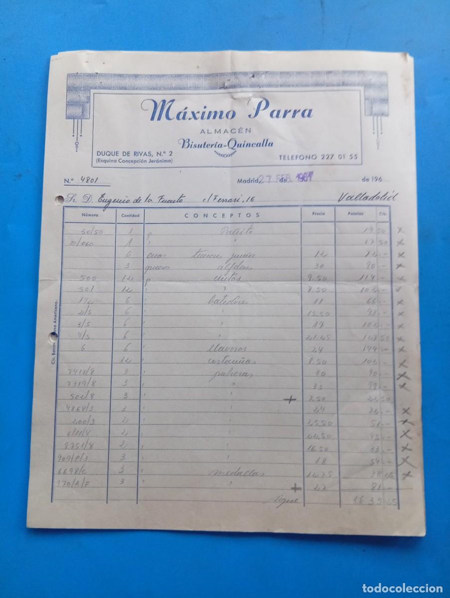 Facturas antiguas: FACTURA. MADRID. 1961. BISUTER&Iacute;A-QUINCALLA. ALMACEN. M&Aacute;XIMO PARRA. 5 HOJAS.