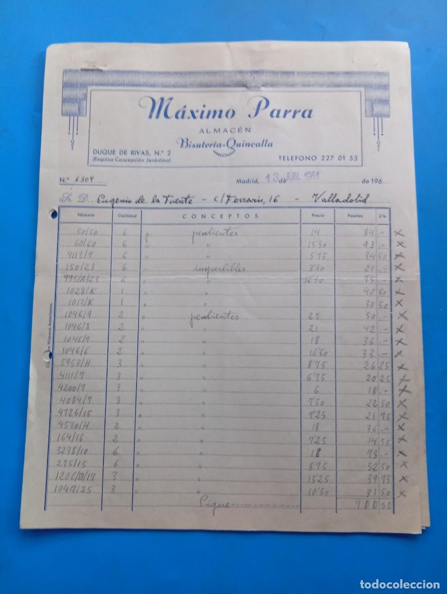 Facturas antiguas: FACTURA. MADRID. 1961. BISUTER&Iacute;A-QUINCALLA. ALMACEN. M&Aacute;XIMO PARRA. 5 HOJAS.