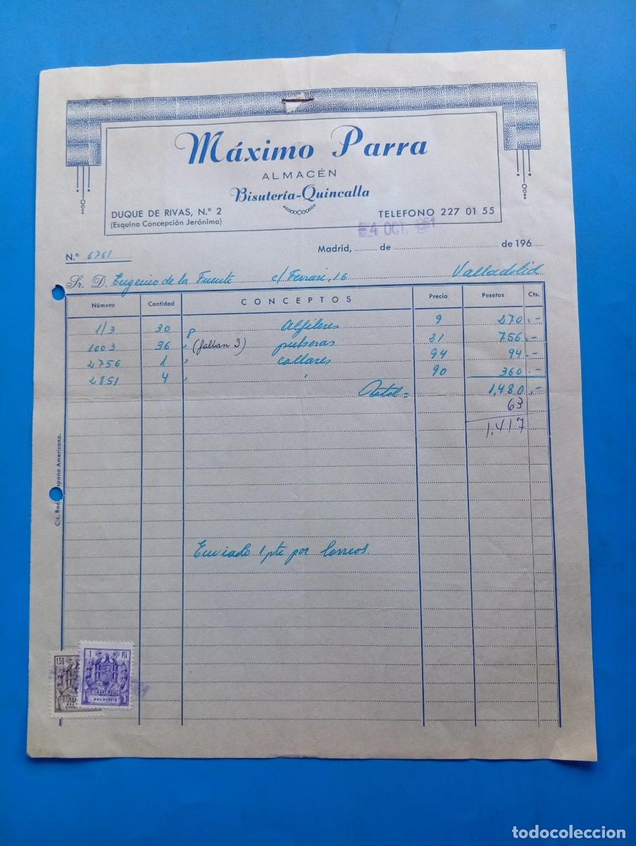Facturas antiguas: FACTURA. MADRID. 1961. BISUTER&Iacute;A-QUINCALLA. ALMACEN. M&Aacute;XIMO PARRA.