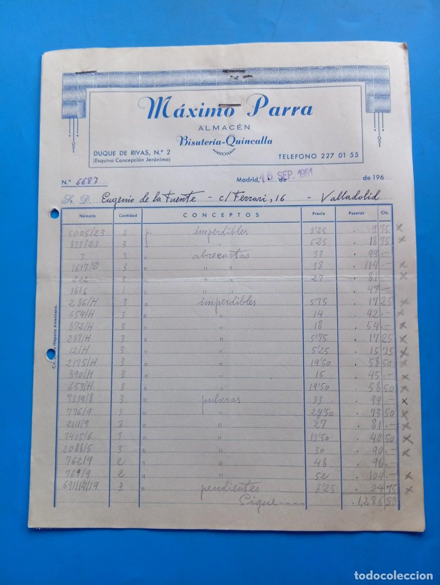 Facturas antiguas: FACTURA. MADRID. 1961. BISUTER&Iacute;A-QUINCALLA. ALMACEN. M&Aacute;XIMO PARRA. 4 HOJAS.