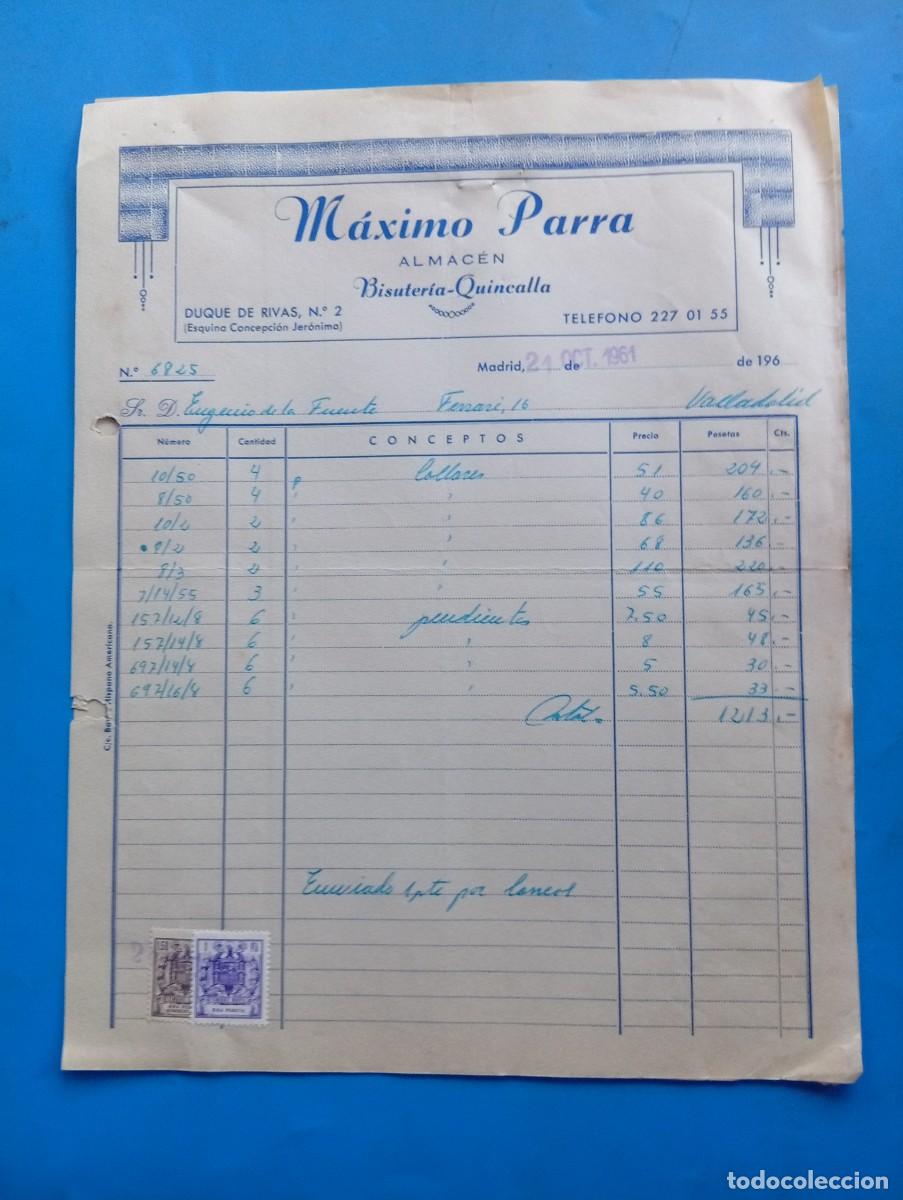 Facturas antiguas: FACTURA. MADRID. 1961. BISUTER&Iacute;A-QUINCALLA. ALMACEN. M&Aacute;XIMO PARRA.