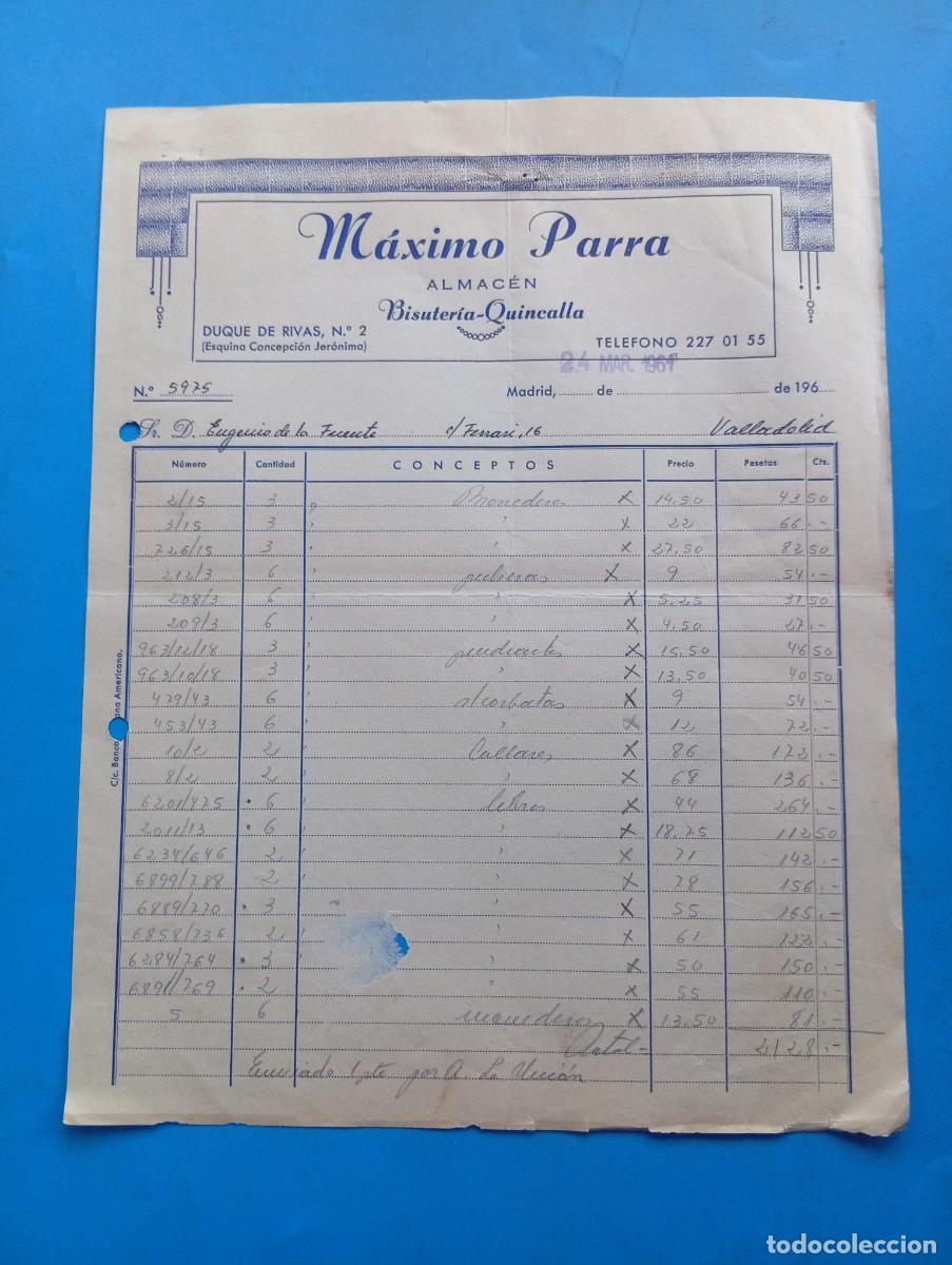 Facturas antiguas: FACTURA. MADRID. 1961. BISUTER&Iacute;A-QUINCALLA. ALMACEN. M&Aacute;XIMO PARRA.