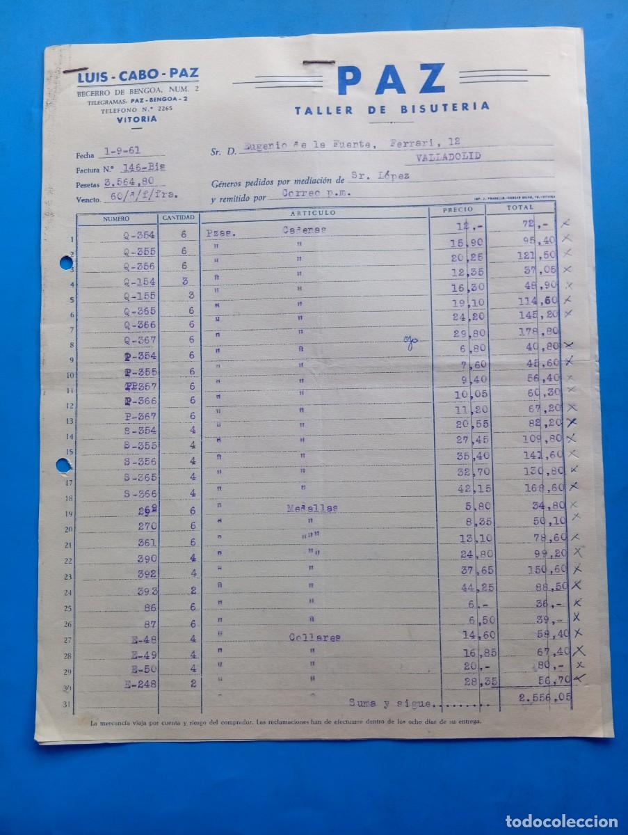Factures anciennes: FACTURA. VITORIA. 1961. PAZ. TALLER DE BISUTER&Iacute;A. LUIS-CABO-PAZ. 2 HOJAS.